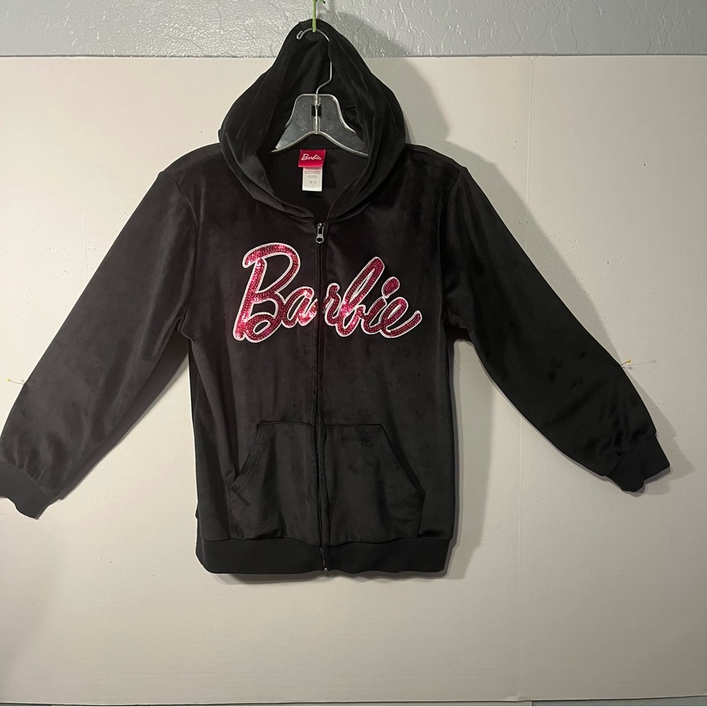 Barbie girls black velour zip up hoodie size 10 with Barbie Sequin logo.